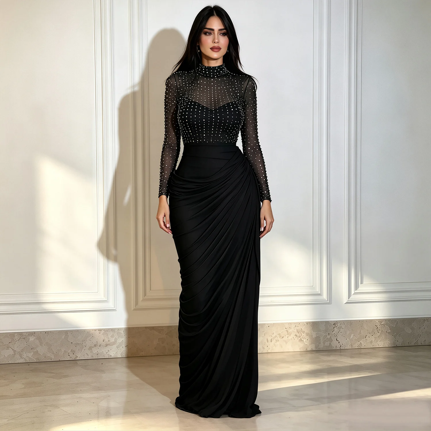 Mesh Long-sleeve Pleated Bodycon Sheath Dress — image 6
