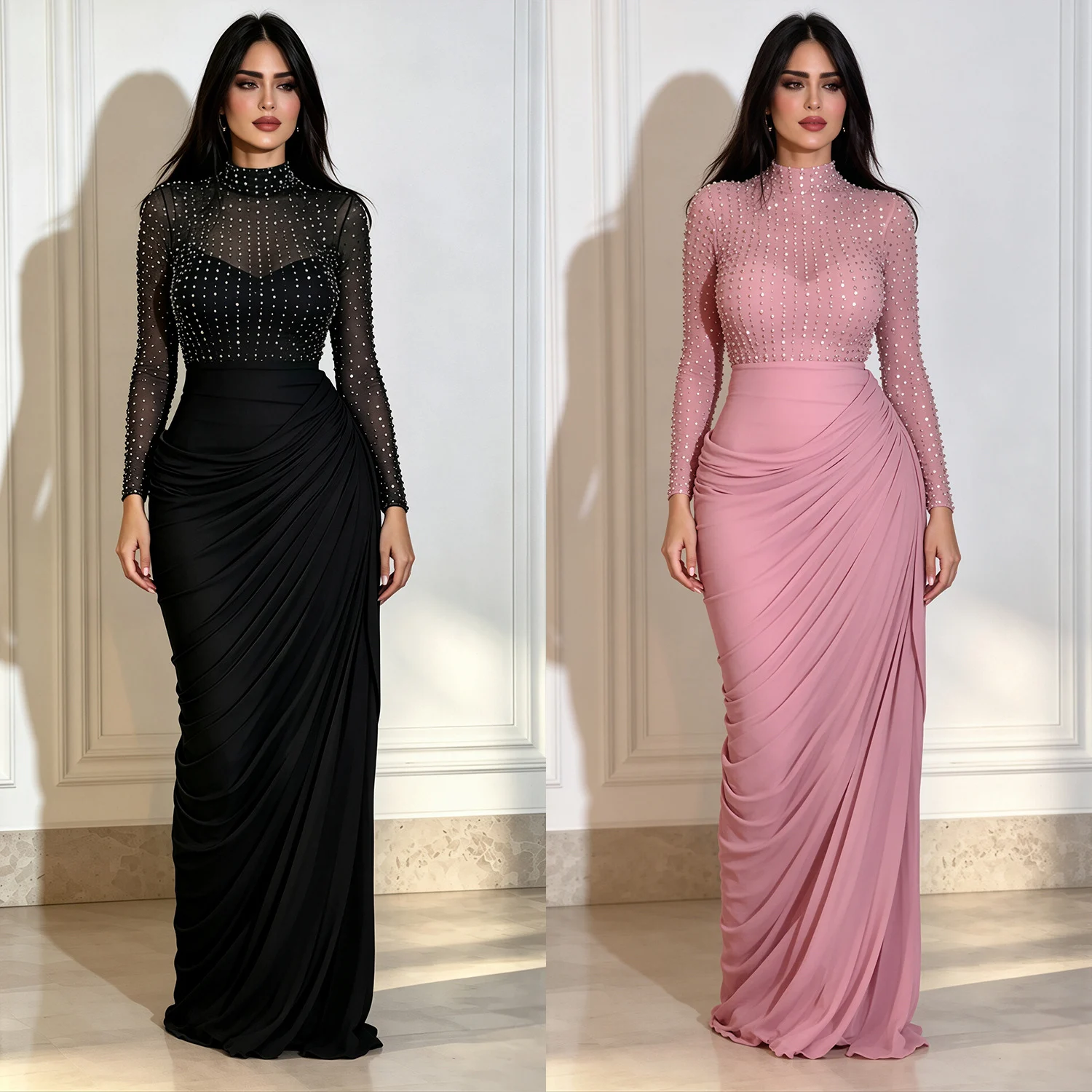 Mesh Long-sleeve Pleated Bodycon Sheath Dress — image 3