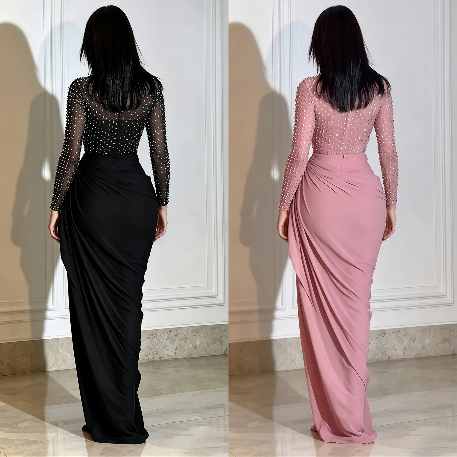 Mesh Long-sleeve Pleated Bodycon Sheath Dress — image 4