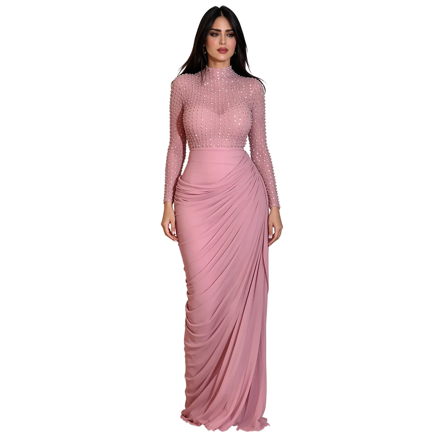 Mesh Long-sleeve Pleated Bodycon Sheath Dress — image 1