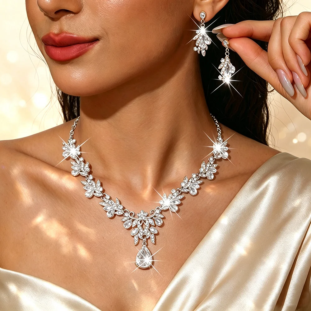 Metal Rhinestone Wedding Necklace And Earrings Jewelry Set — image 12