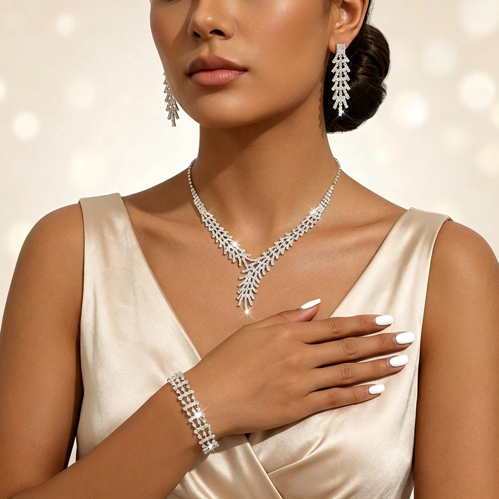 Metal Rhinestone Wedding Necklace And Earrings Jewelry Set — image 7