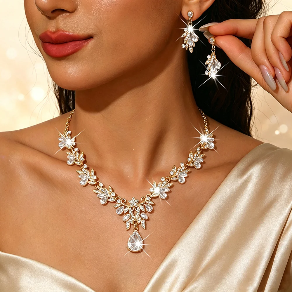 Metal Rhinestone Wedding Necklace And Earrings Jewelry Set — image 11