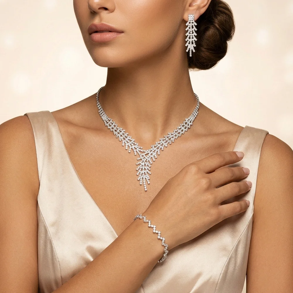Metal Rhinestone Wedding Necklace And Earrings Jewelry Set — image 14