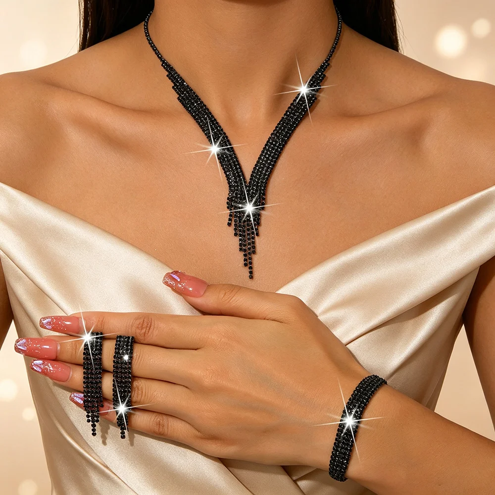 Metal Rhinestone Wedding Necklace And Earrings Jewelry Set — image 3
