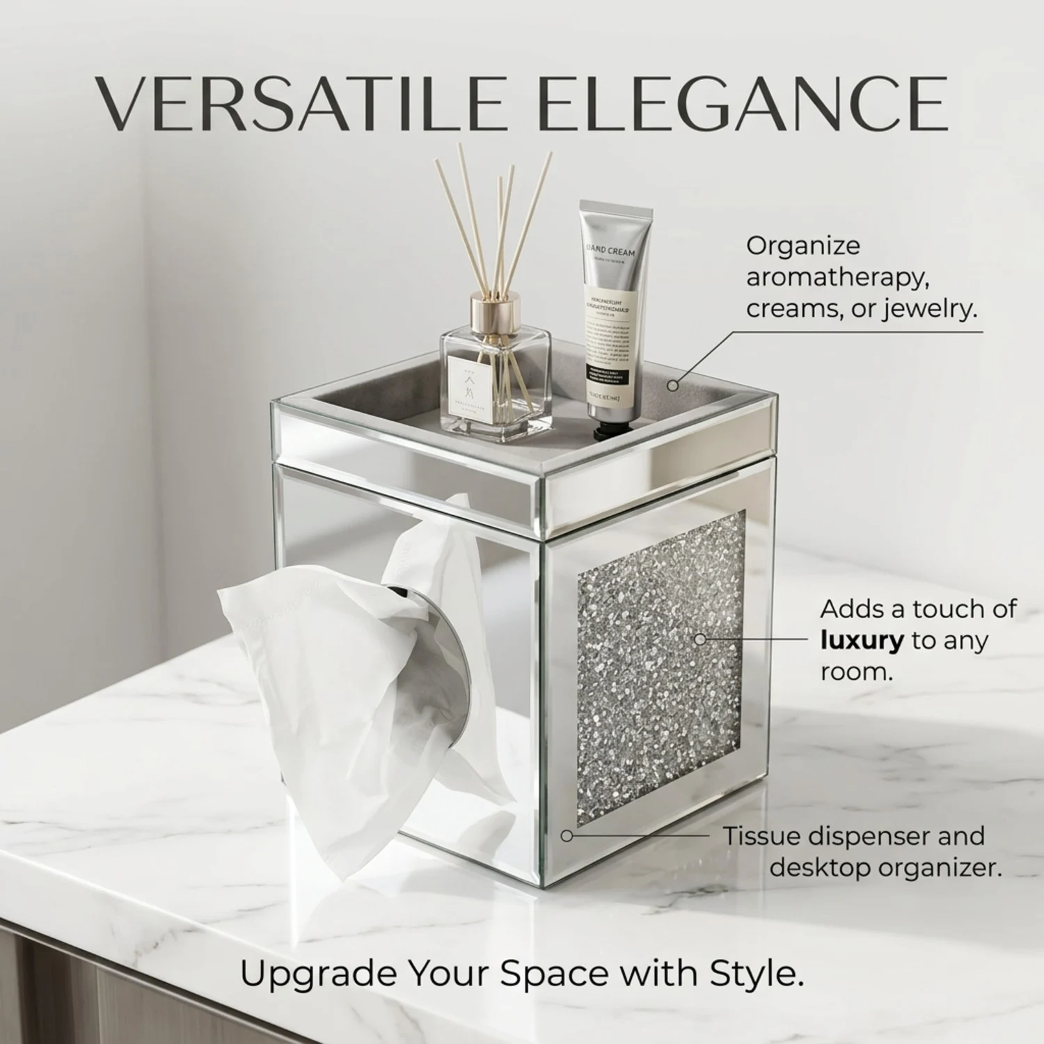 Mirrored Crushed Diamond Tissue Box Cover, Square Glass Holder, Decorative Napkin… — image 3