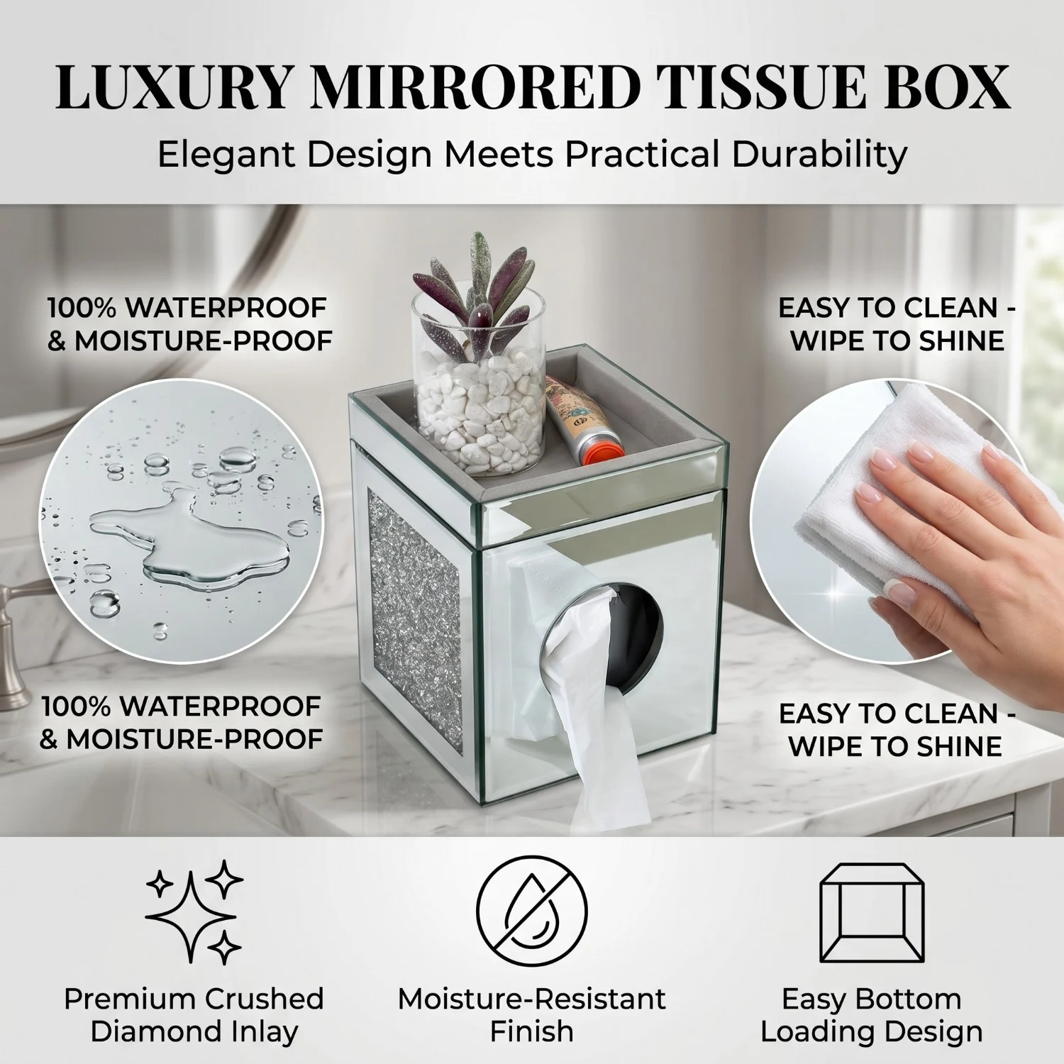 Mirrored Crushed Diamond Tissue Box Cover, Square Glass Holder, Decorative Napkin… — image 2