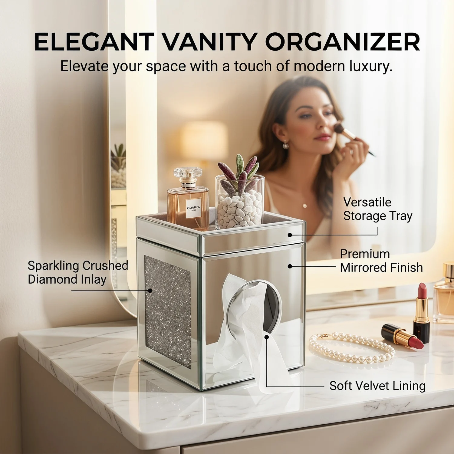 Mirrored Crushed Diamond Tissue Box Cover, Square Glass Holder, Decorative Napkin… — image 4
