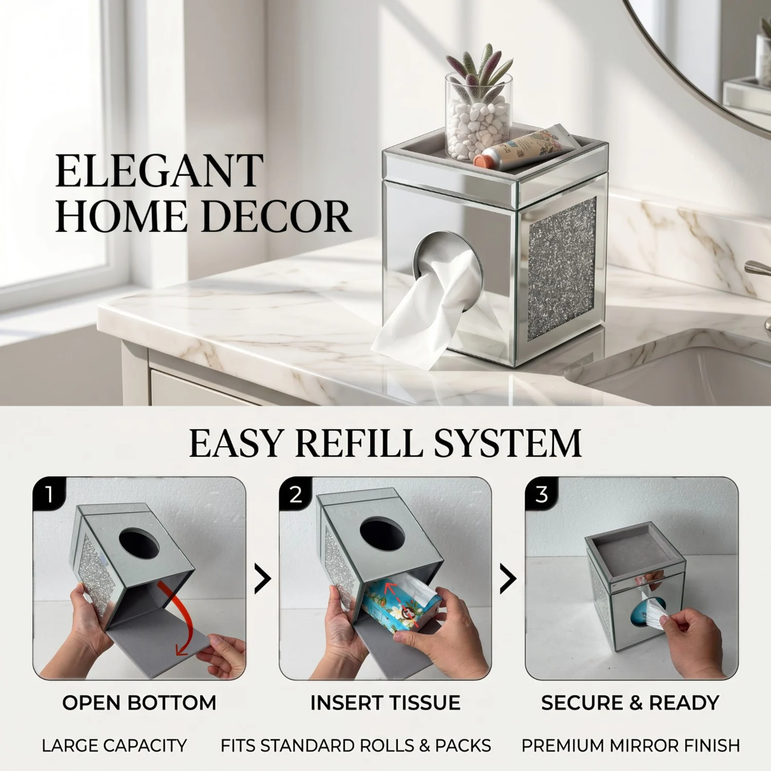 Mirrored Crushed Diamond Tissue Box Cover, Square Glass Holder, Decorative Napkin… — image 6