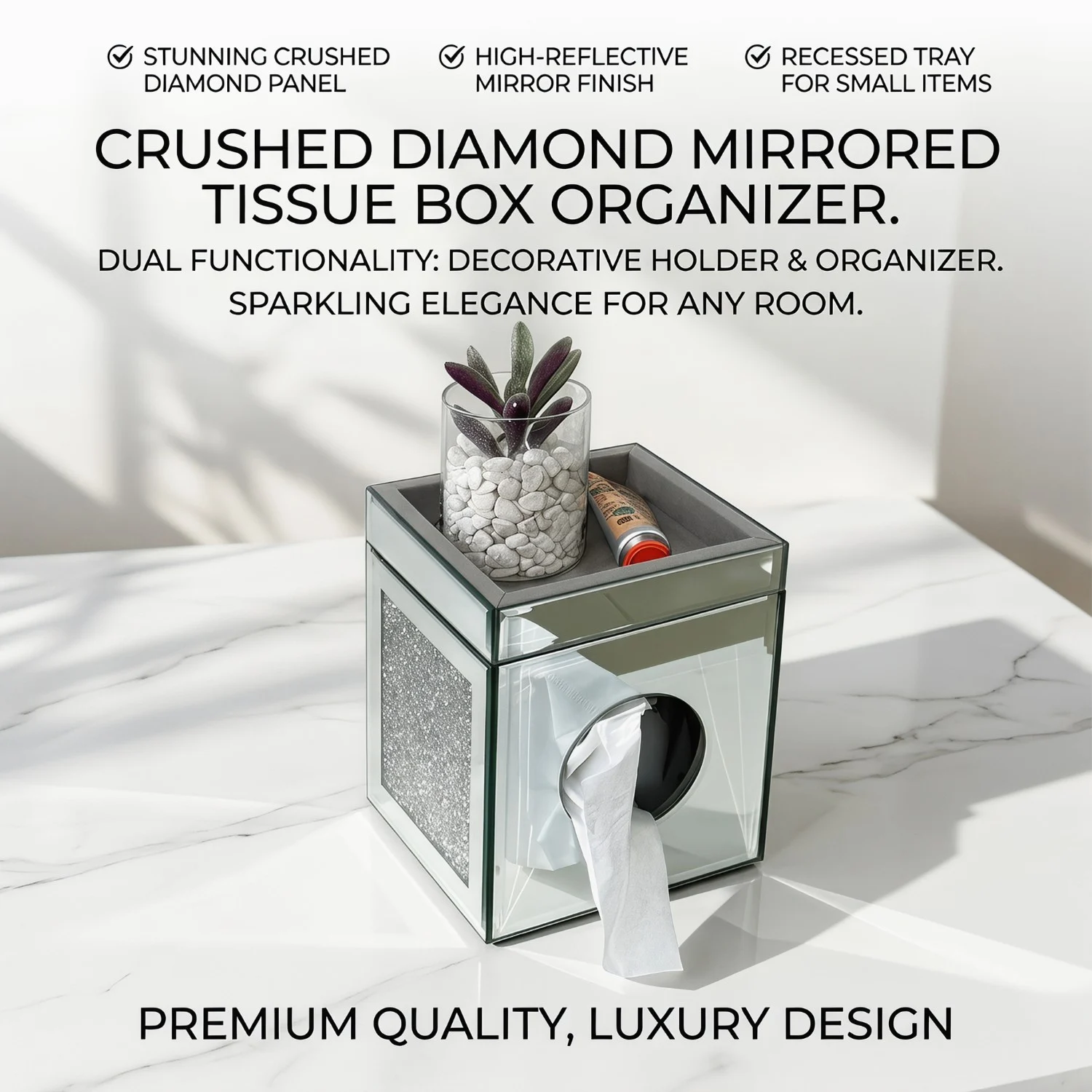 Mirrored Crushed Diamond Tissue Box Cover, Square Glass Holder, Decorative Napkin… — image 7