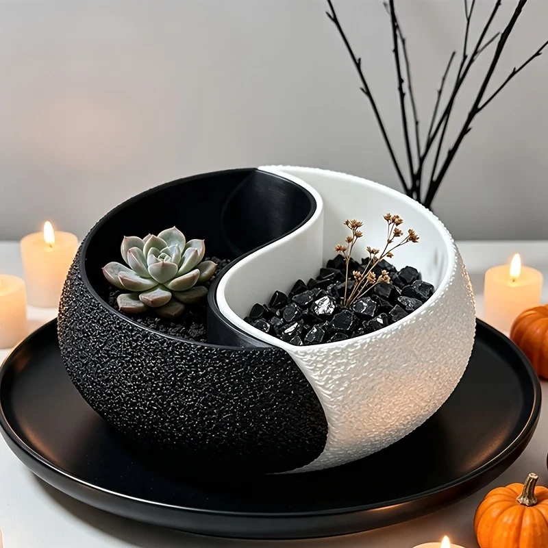 Modern Yin Yang Planter Pot, Two Tone Succulent Flower Pot For Home Office Desk Decoration — image 3