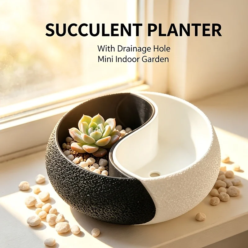 Modern Yin Yang Planter Pot, Two Tone Succulent Flower Pot For Home Office Desk Decoration — image 5