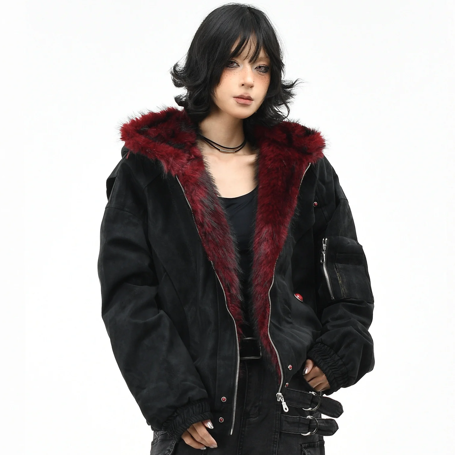 Mountain Carving Red Fur Collar Vintage PU Leather Fleece-lined Warm Coat — image 3