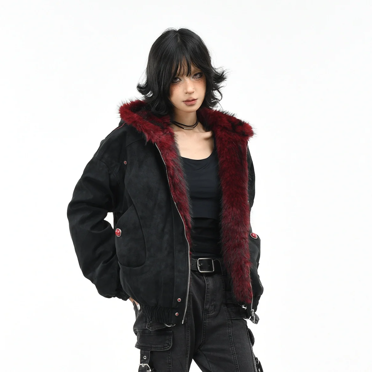 Mountain Carving Red Fur Collar Vintage PU Leather Fleece-lined Warm Coat — image 2