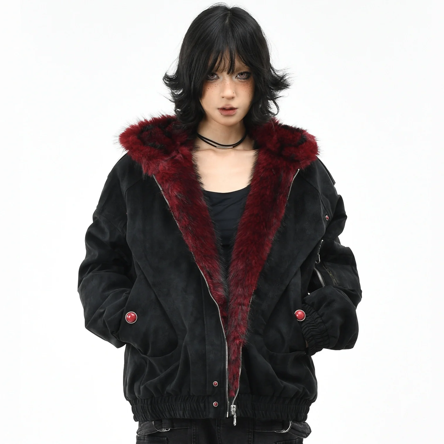Mountain Carving Red Fur Collar Vintage PU Leather Fleece-lined Warm Coat — image 4