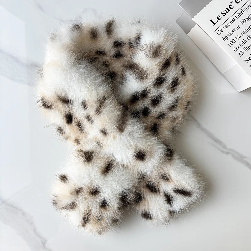Natural Spotted Leopard Print Plush Cross Neck Scarf With A Korean-style Gentle Style… — image 2