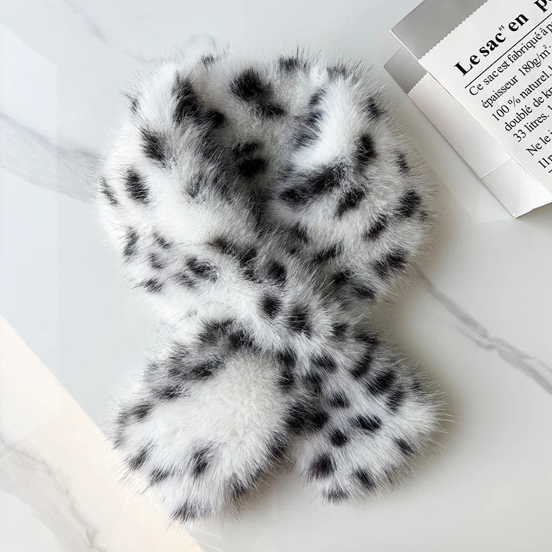 Natural Spotted Leopard Print Plush Cross Neck Scarf With A Korean-style Gentle Style… — image 6