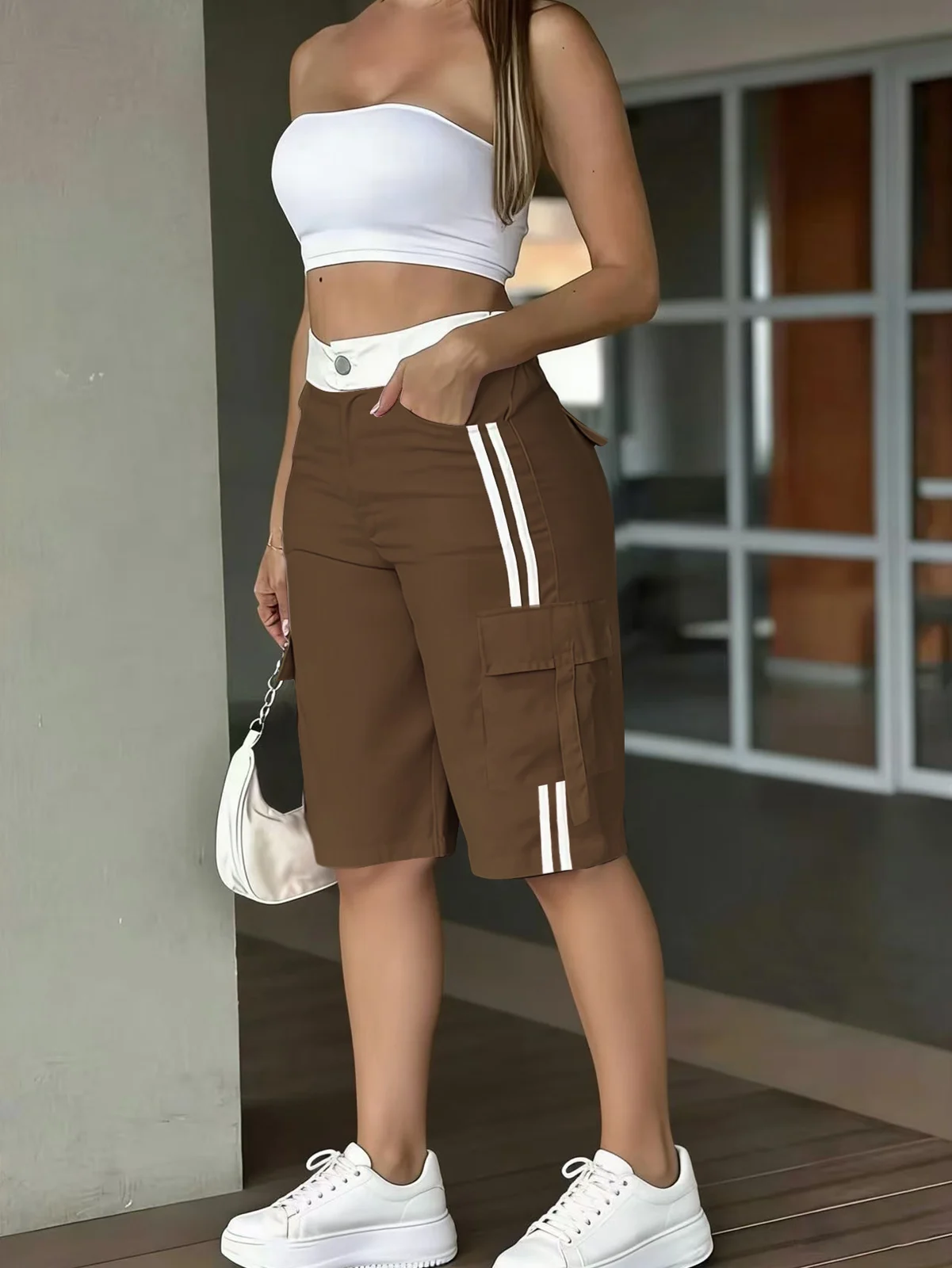 New Casual Women's Striped Patchwork Swing High-waisted Shorts Five-point — image 5