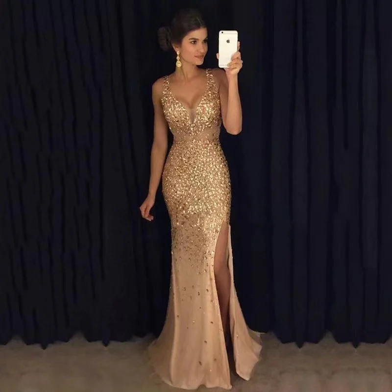 New Fall Winter Style Export Split Front Hot Stamped Dresses Long And Evening Gowns — image 8