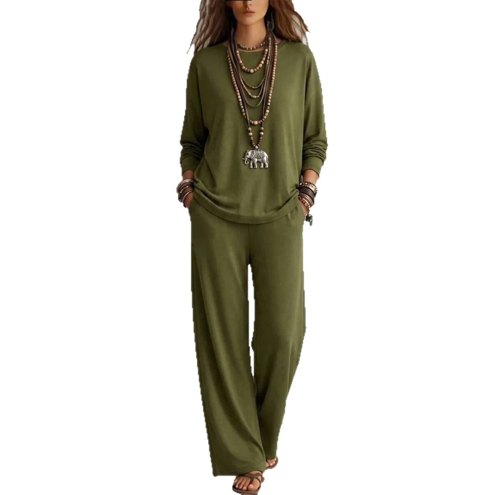 New Fallwinter Solid-color Womens Long-sleeve Top And Wide-leg Pants Two-piece Set — image 2