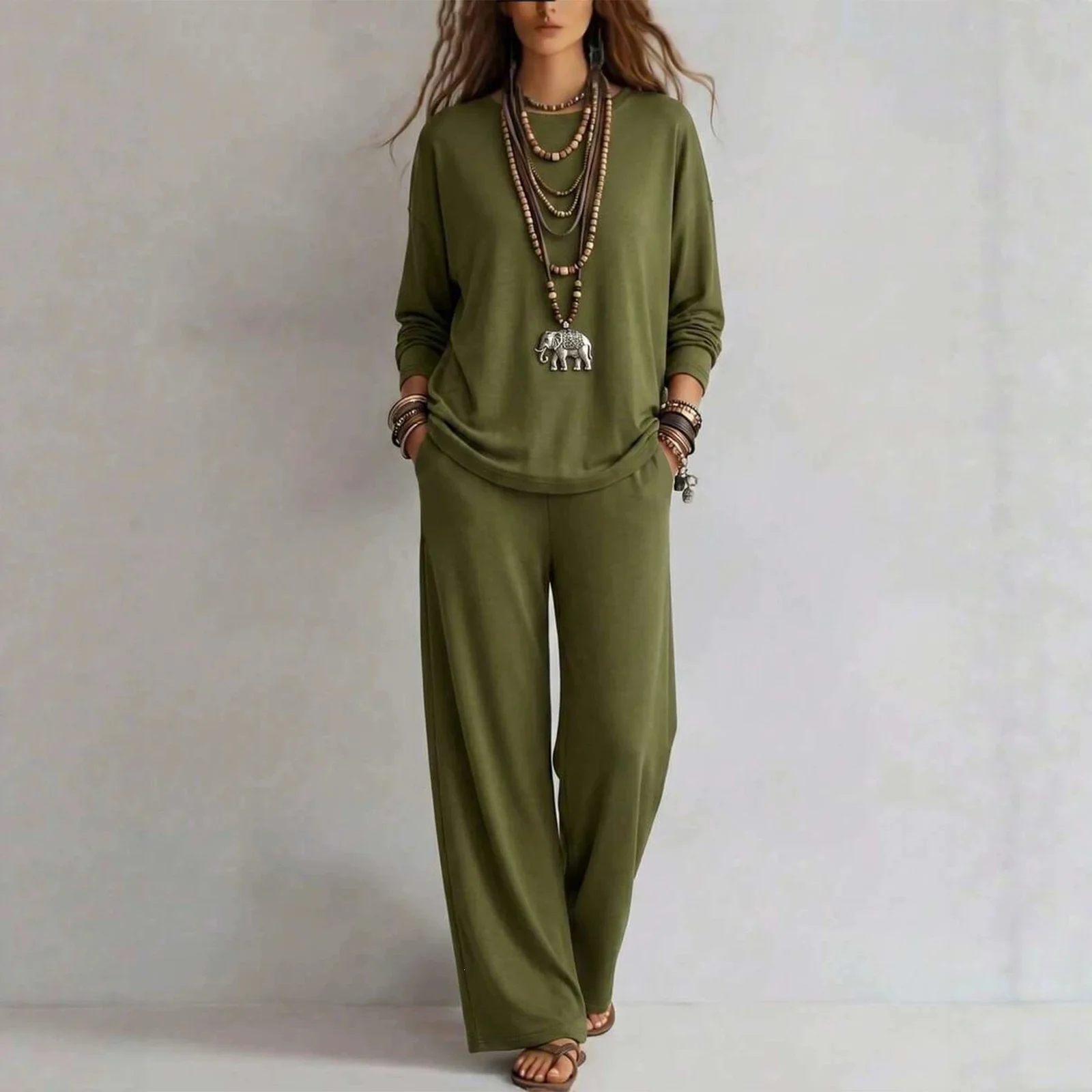 New Fallwinter Solid-color Womens Long-sleeve Top And Wide-leg Pants Two-piece Set — image 6