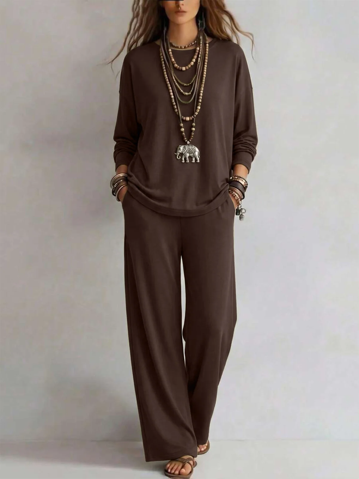 New Fallwinter Solid-color Womens Long-sleeve Top And Wide-leg Pants Two-piece Set — image 8