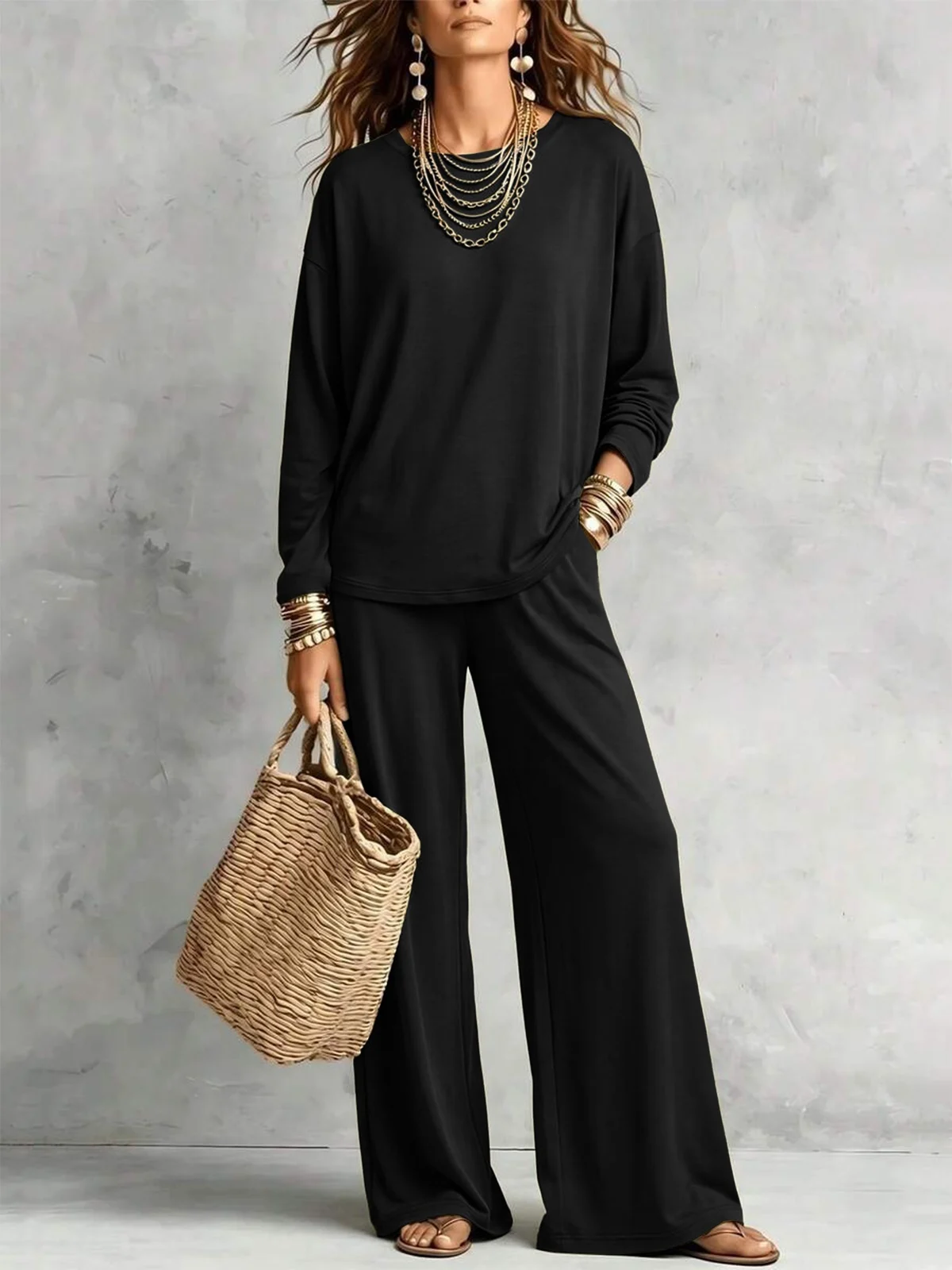 New Fallwinter Solid-color Womens Long-sleeve Top And Wide-leg Pants Two-piece Set — image 9