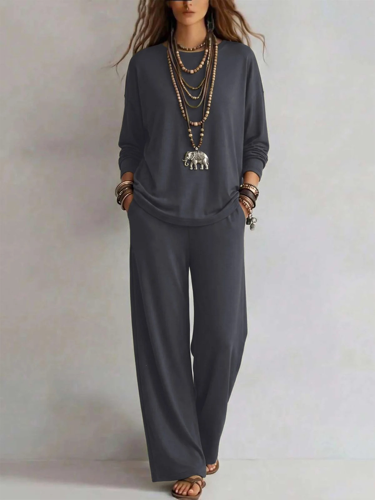 New Fallwinter Solid-color Womens Long-sleeve Top And Wide-leg Pants Two-piece Set — image 10