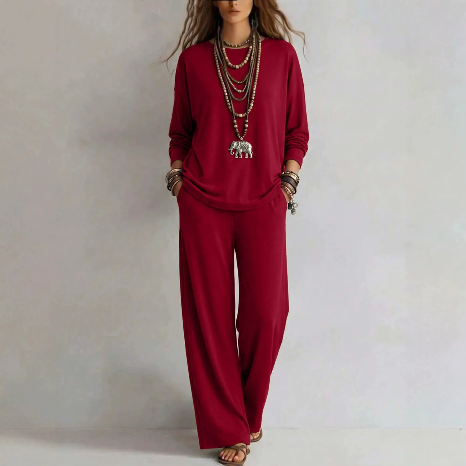 New Fallwinter Solid-color Womens Long-sleeve Top And Wide-leg Pants Two-piece Set — image 4