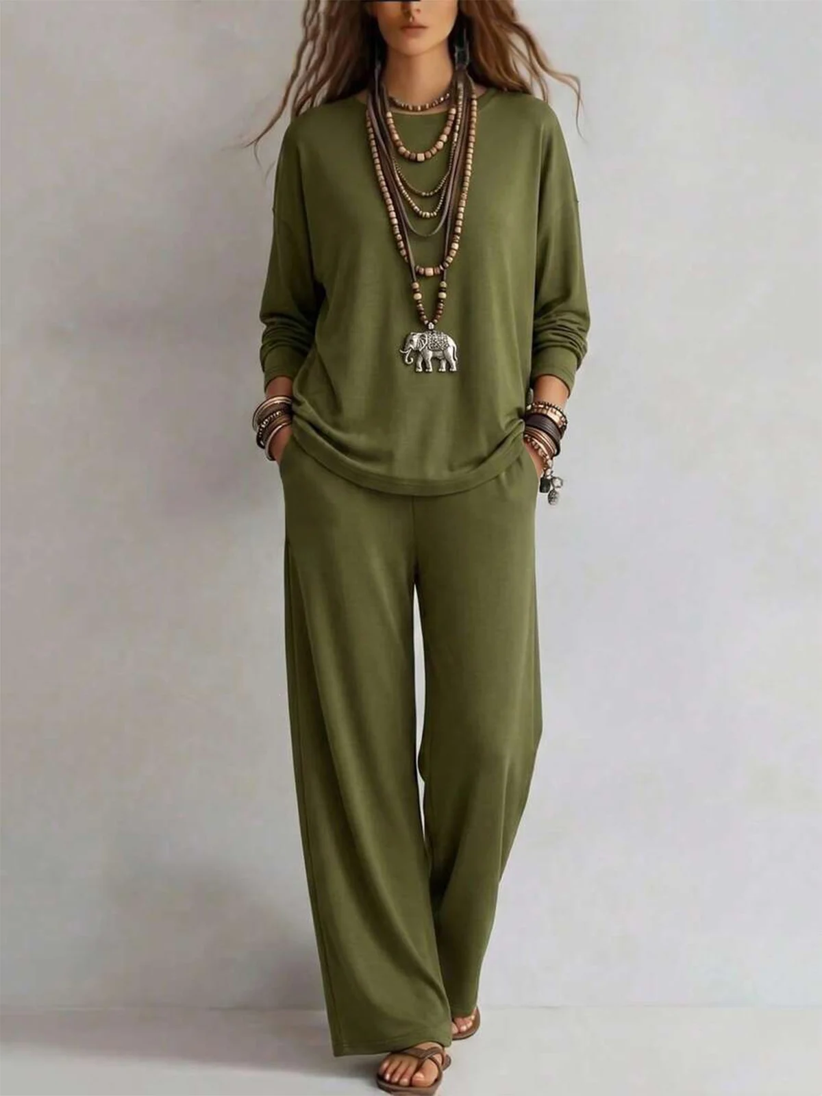 New Fallwinter Solid-color Womens Long-sleeve Top And Wide-leg Pants Two-piece Set — image 5