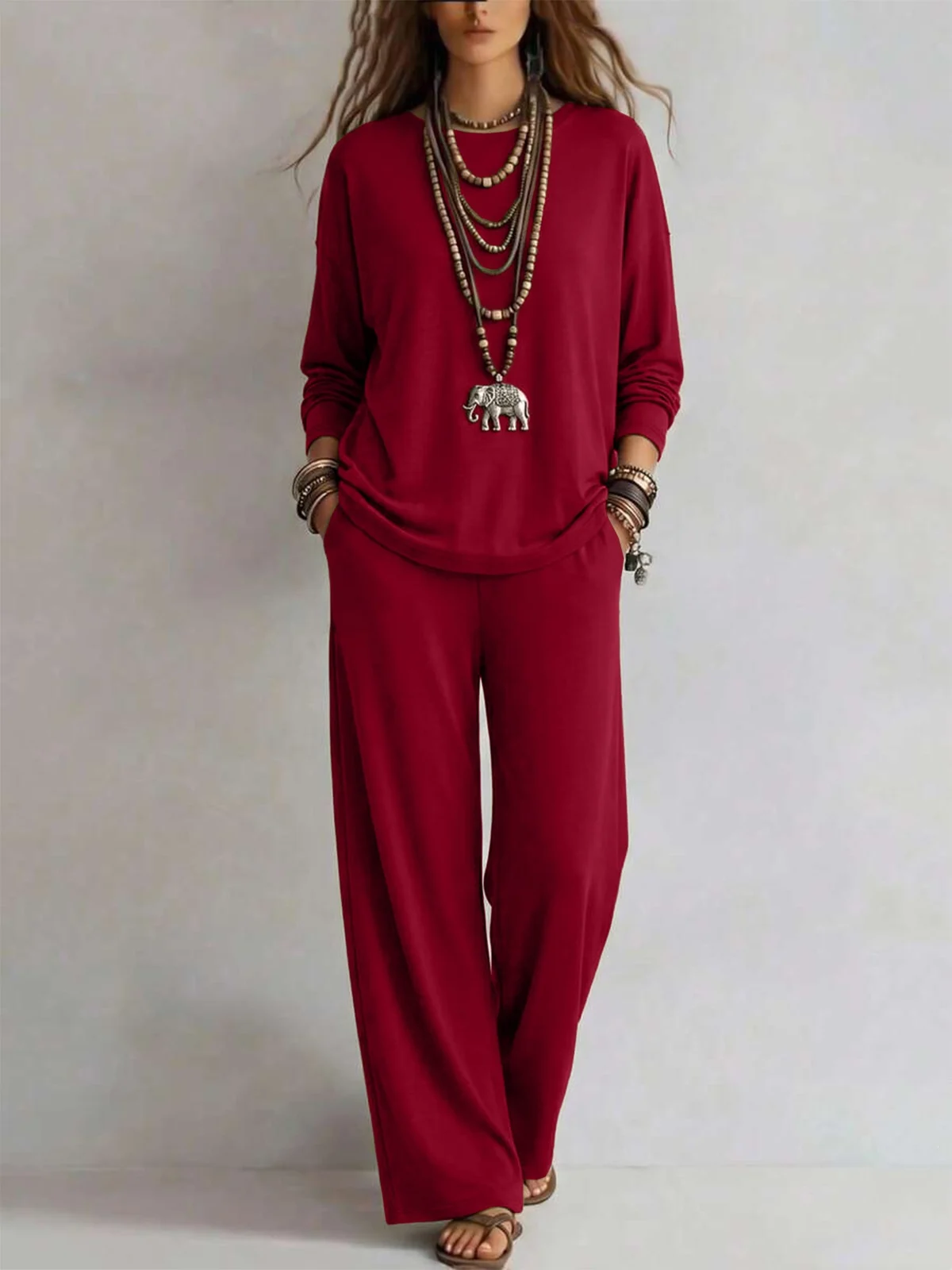 New Fallwinter Solid-color Womens Long-sleeve Top And Wide-leg Pants Two-piece Set — image 7