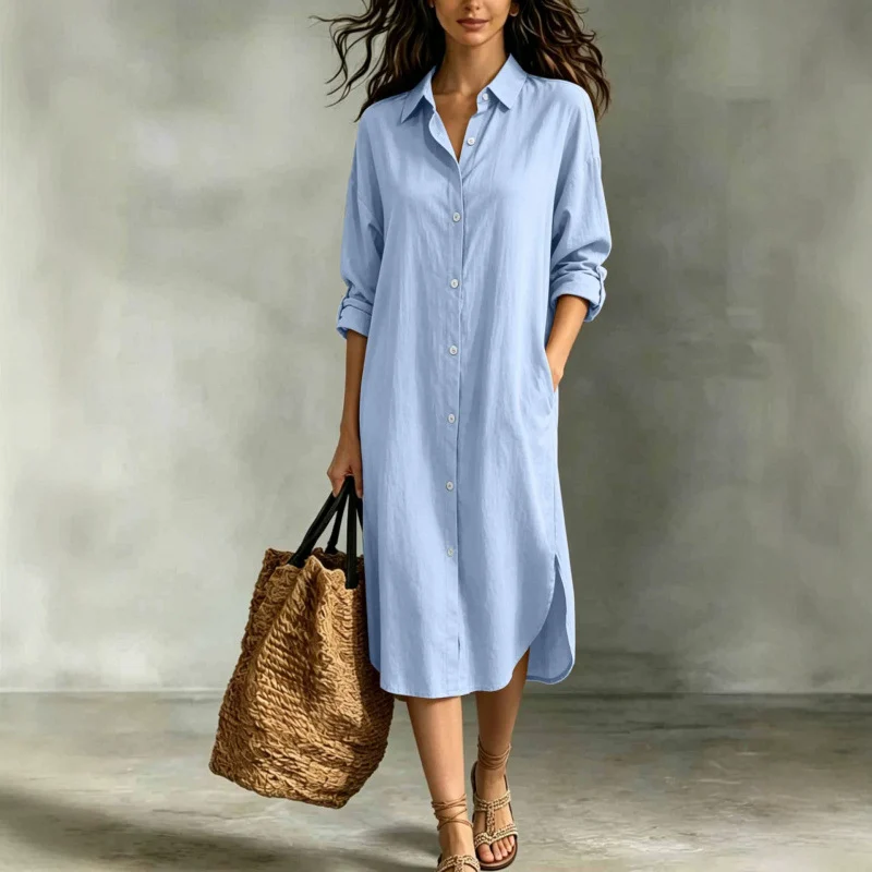 New Hot-selling Loose Casual Vacation Cotton-linen Pocket Shirt Dress For Women Summer… — image 5