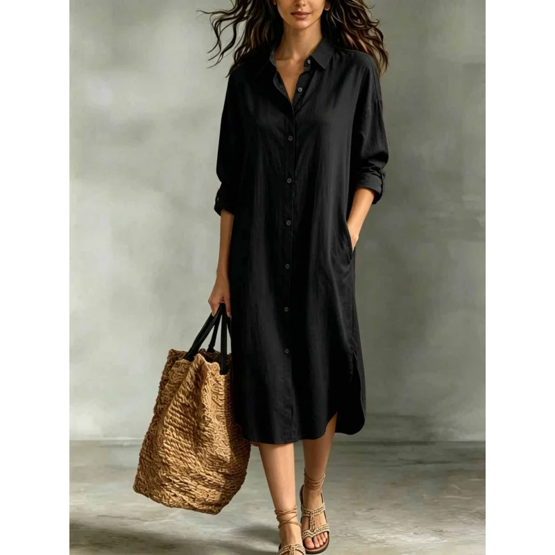 New Hot-selling Loose Casual Vacation Cotton-linen Pocket Shirt Dress For Women Summer… — image 4