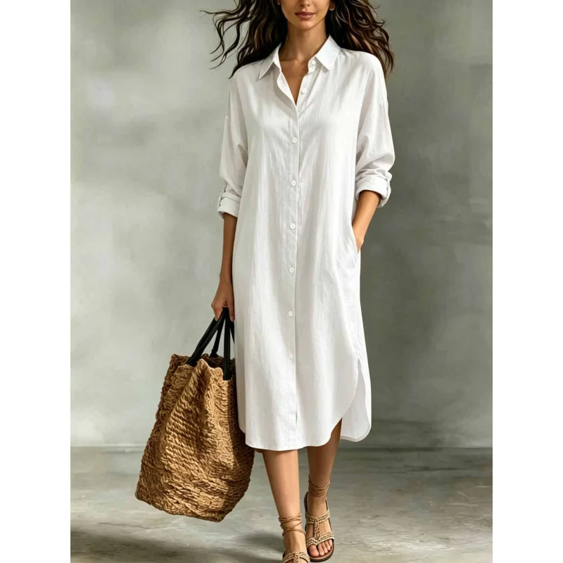 New Hot-selling Loose Casual Vacation Cotton-linen Pocket Shirt Dress For Women Summer… — image 9