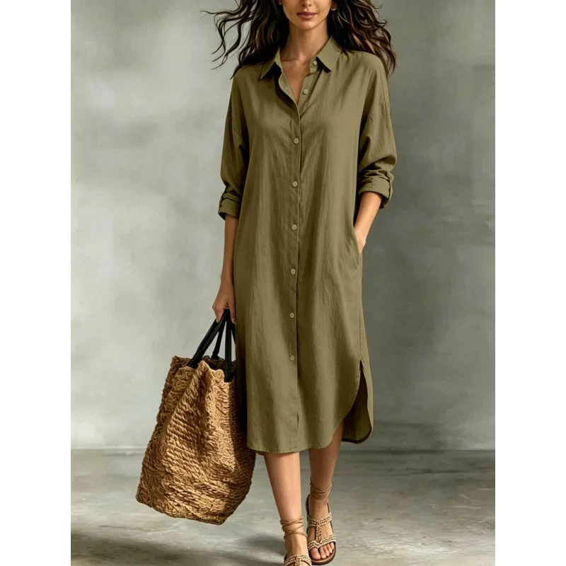 New Hot-selling Loose Casual Vacation Cotton-linen Pocket Shirt Dress For Women Summer… — image 11