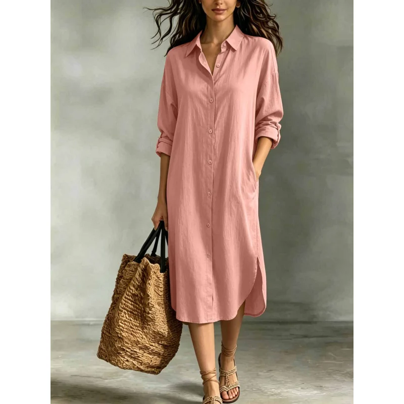 New Hot-selling Loose Casual Vacation Cotton-linen Pocket Shirt Dress For Women Summer… — image 10