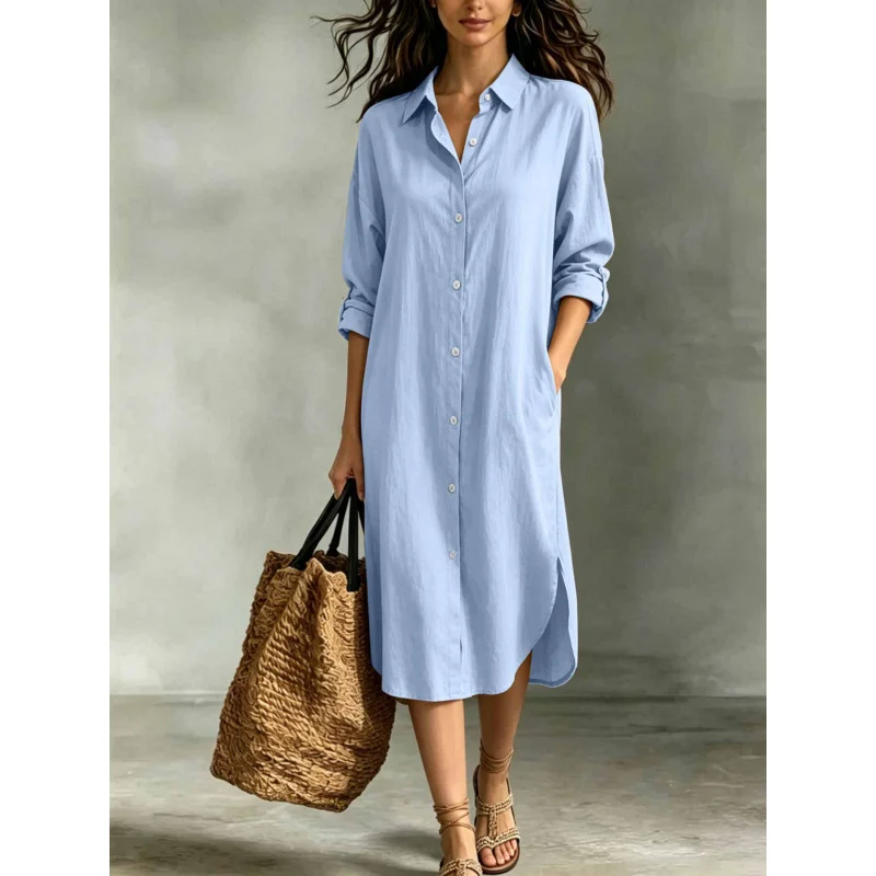 New Hot-selling Loose Casual Vacation Cotton-linen Pocket Shirt Dress For Women Summer… — image 6