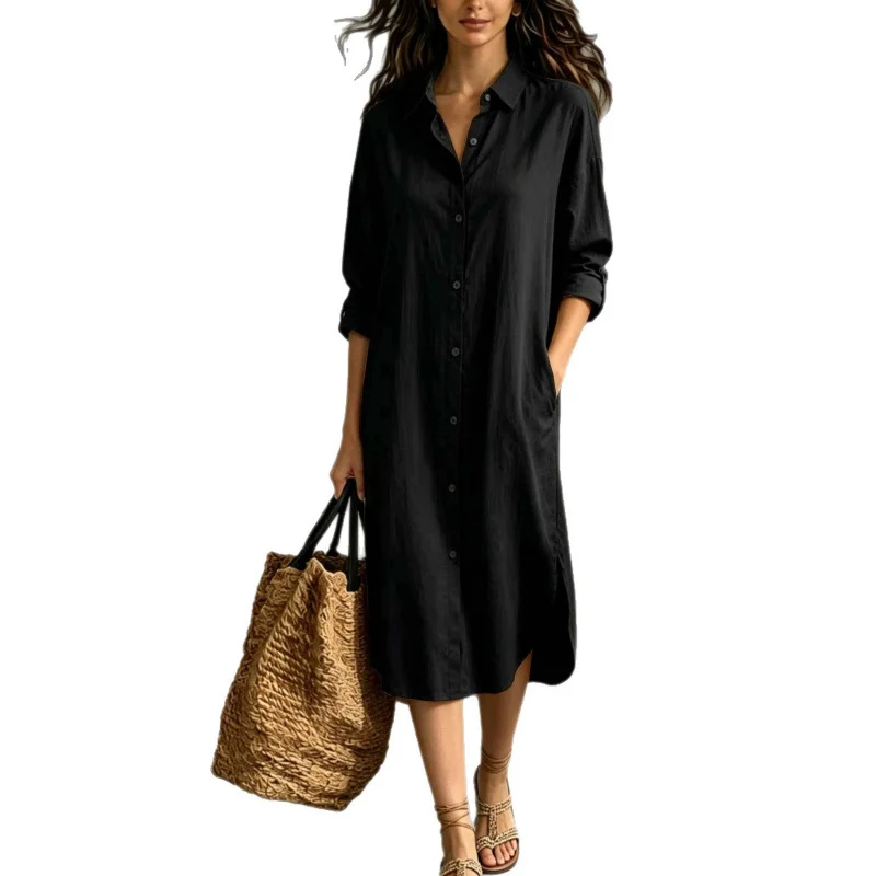 New Hot-selling Loose Casual Vacation Cotton-linen Pocket Shirt Dress For Women Summer… — image 3