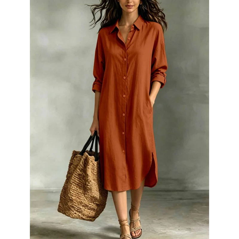 New Hot-selling Loose Casual Vacation Cotton-linen Pocket Shirt Dress For Women Summer… — image 8