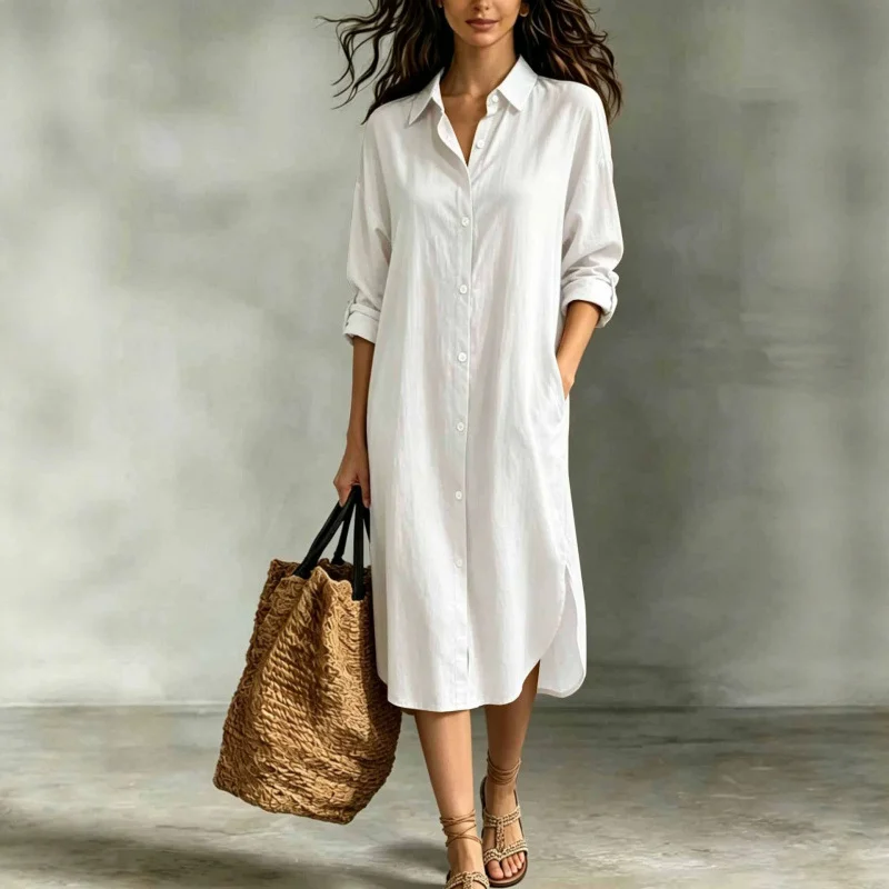 New Hot-selling Loose Casual Vacation Cotton-linen Pocket Shirt Dress For Women Summer… — image 2