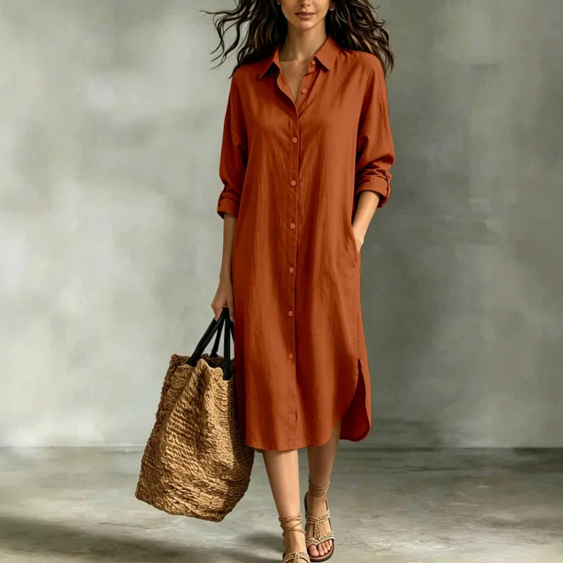 New Hot-selling Loose Casual Vacation Cotton-linen Pocket Shirt Dress For Women Summer… — image 1