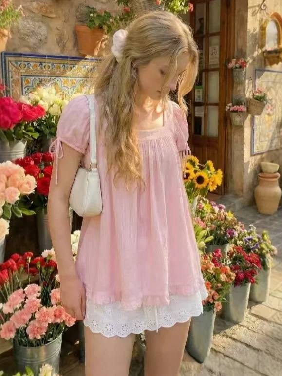 New Independent Site Women's Casual Square-neck Ruffled Tie Short-sleeve Shirt — image 3