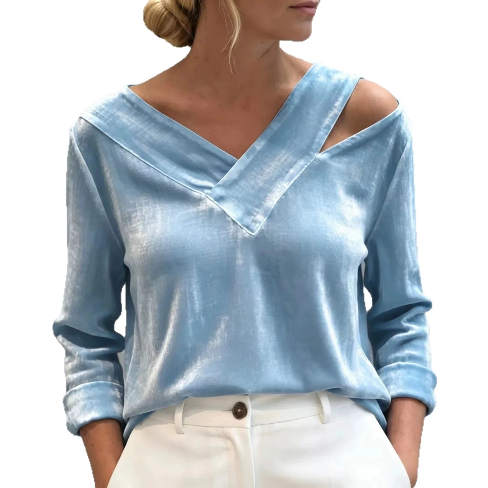New Off-shoulder V-neck Solid-color Long-sleeve Top — image 2