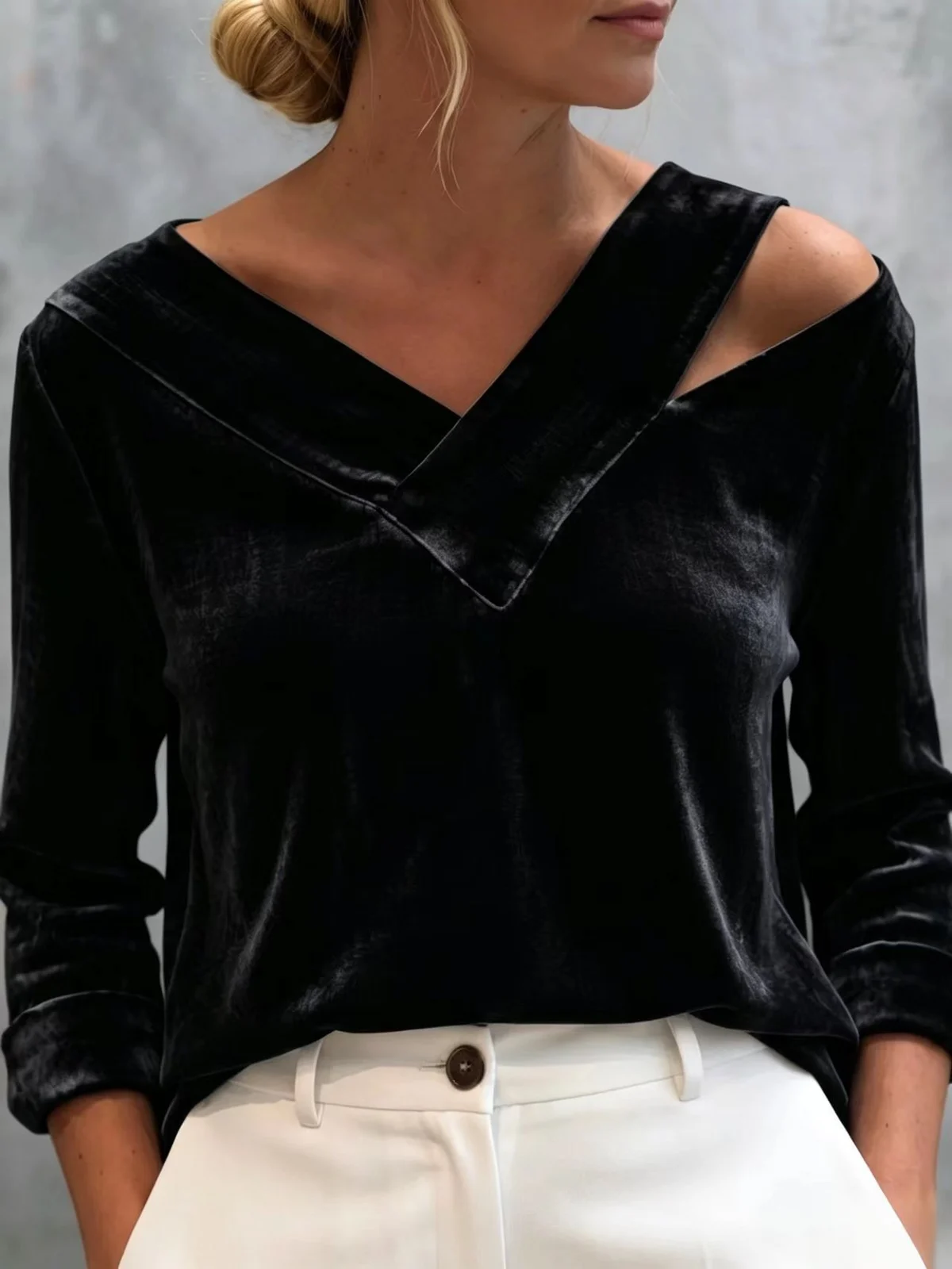 New Off-shoulder V-neck Solid-color Long-sleeve Top — image 8