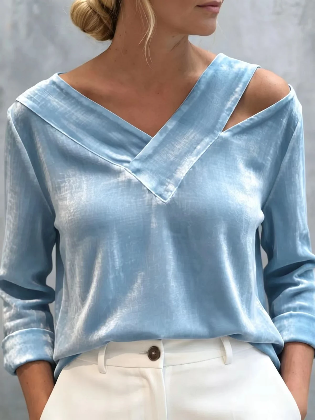 New Off-shoulder V-neck Solid-color Long-sleeve Top — image 9