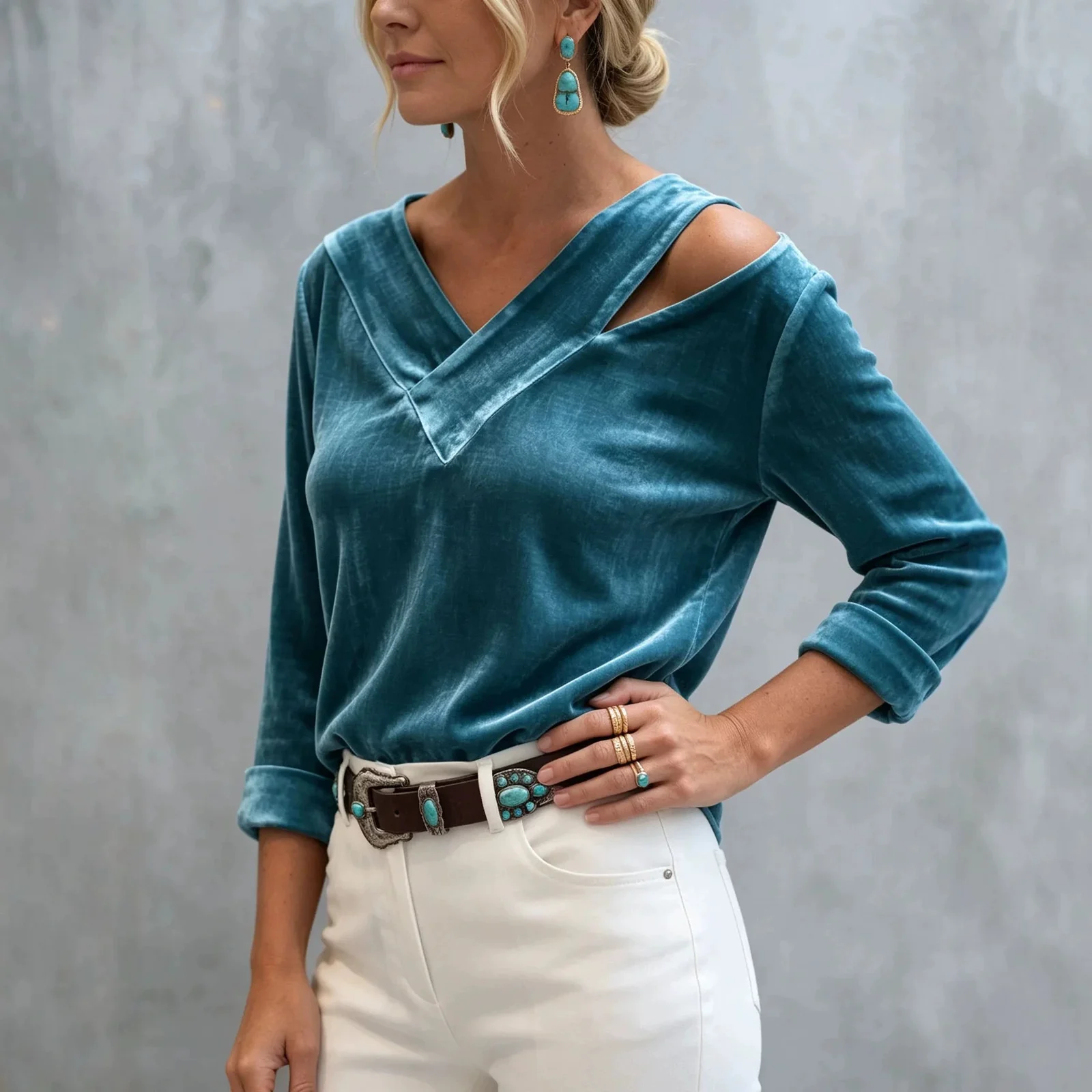 New Off-shoulder V-neck Solid-color Long-sleeve Top — image 3