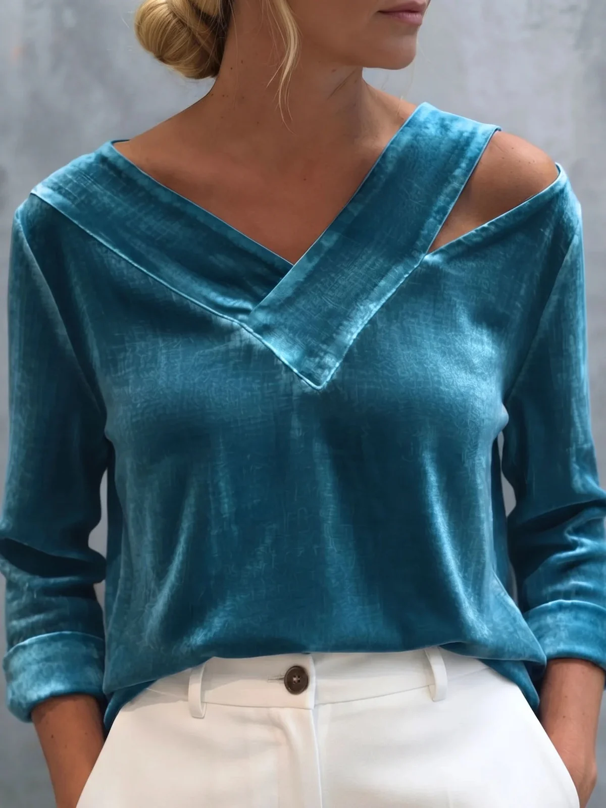 New Off-shoulder V-neck Solid-color Long-sleeve Top — image 7