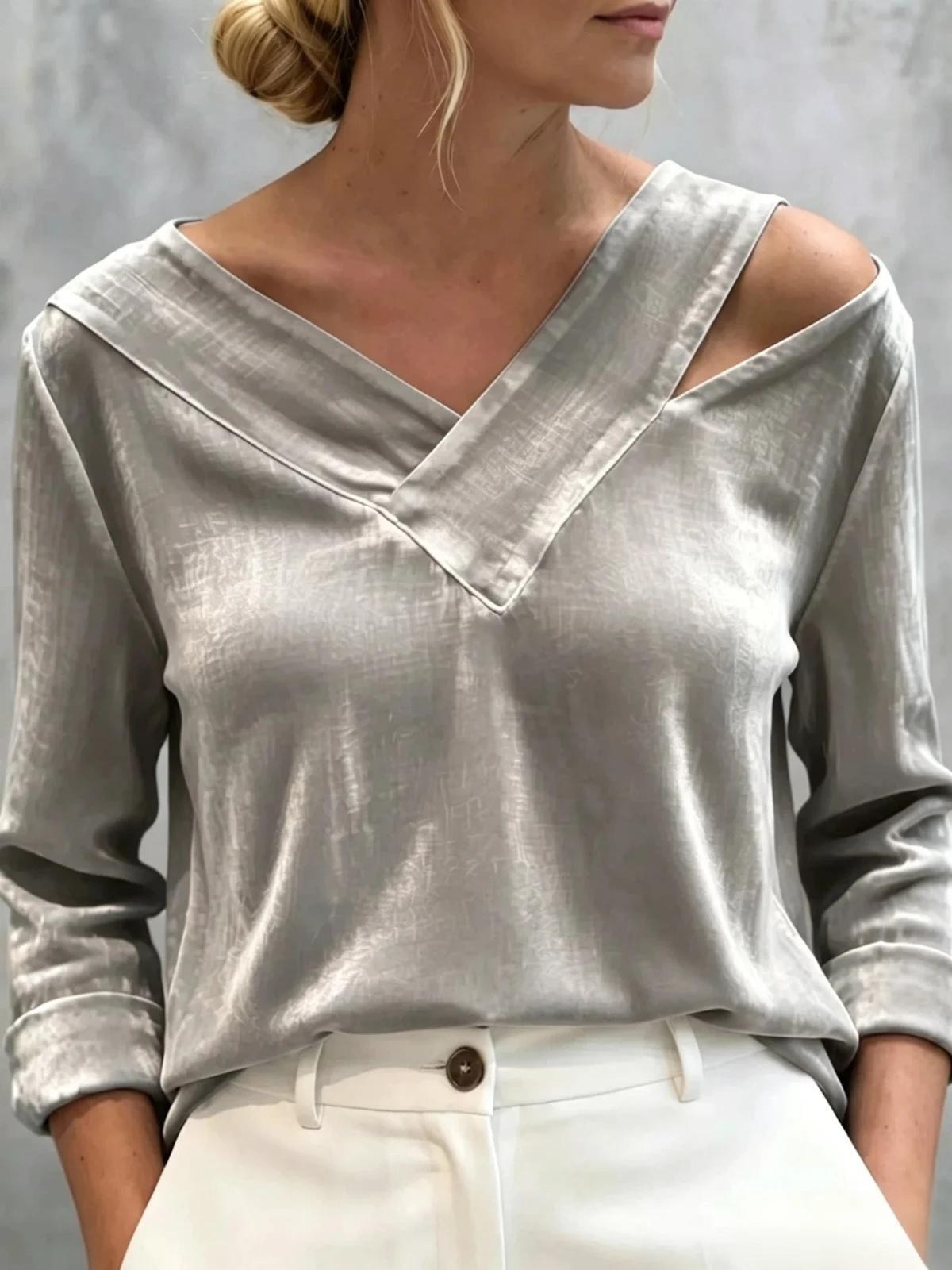 New Off-shoulder V-neck Solid-color Long-sleeve Top — image 6