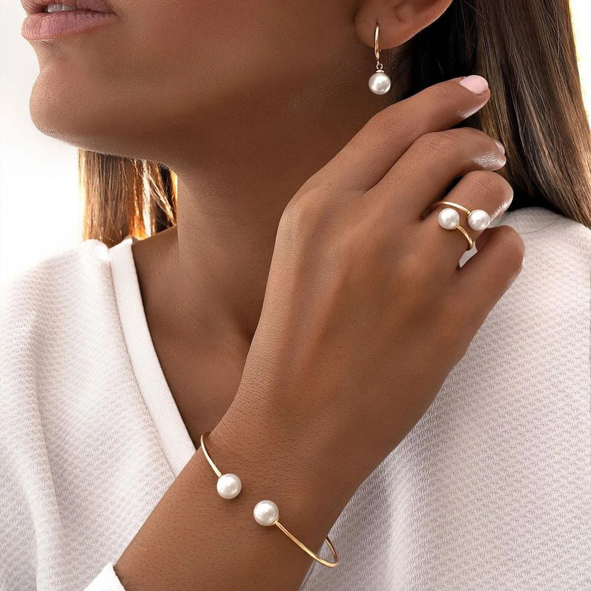 New Pearl Open Earrings Bracelet Ring Jewelry Set — image 2