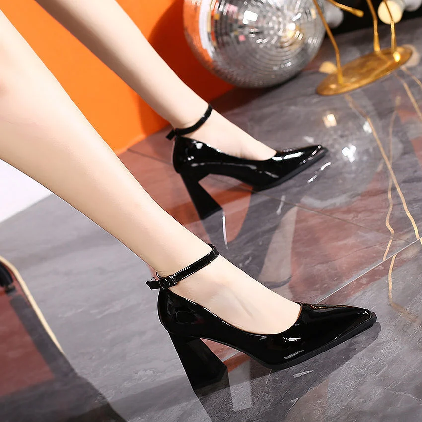 New Style Block-heeled Low-cut Patent Leather Slingback Pumps — image 2
